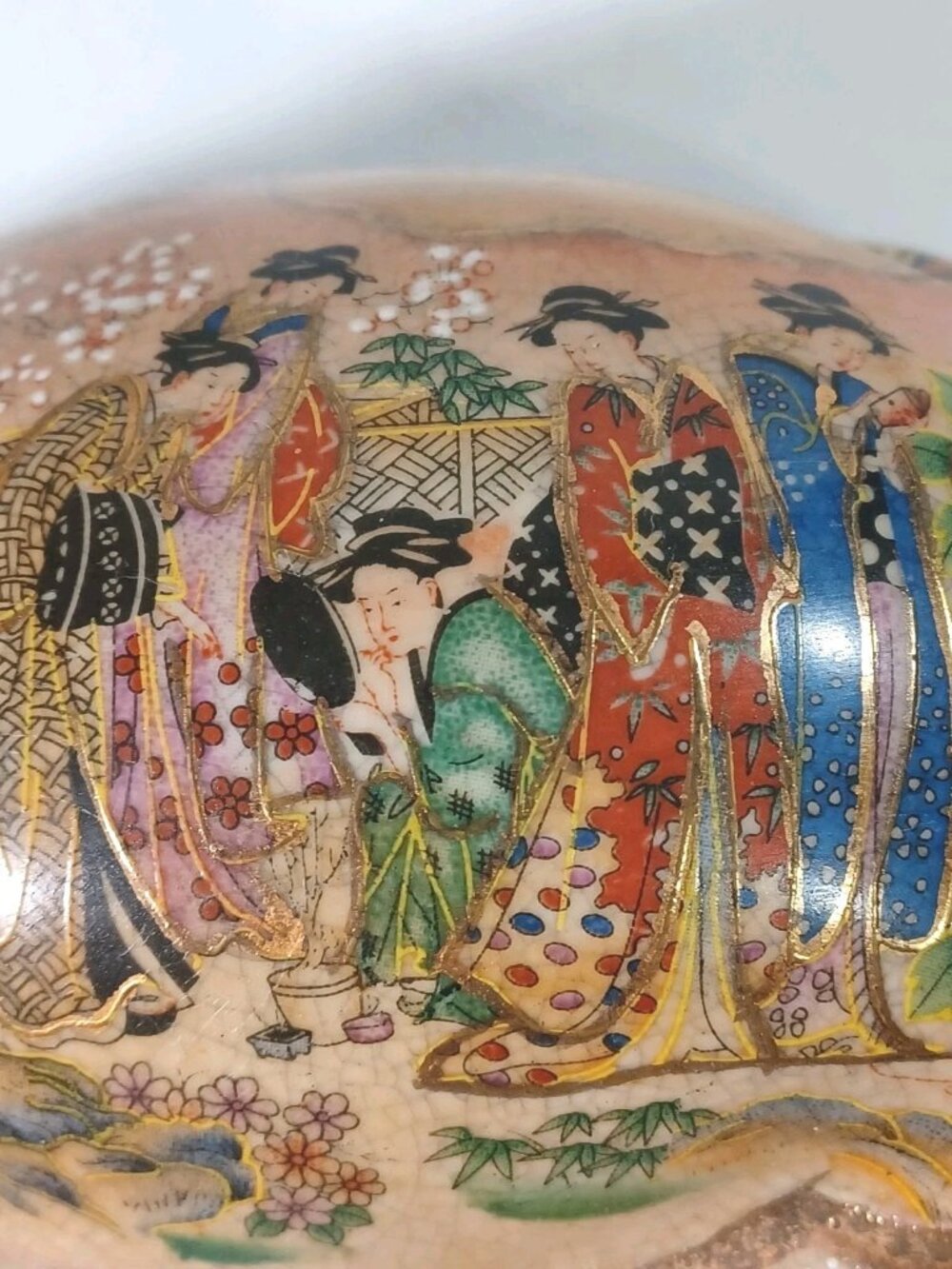 Vintage Japanese Satsuma Sleeping Cat Cloisonne Moriage Gold Accents Geishas But - Picture 9 of 12